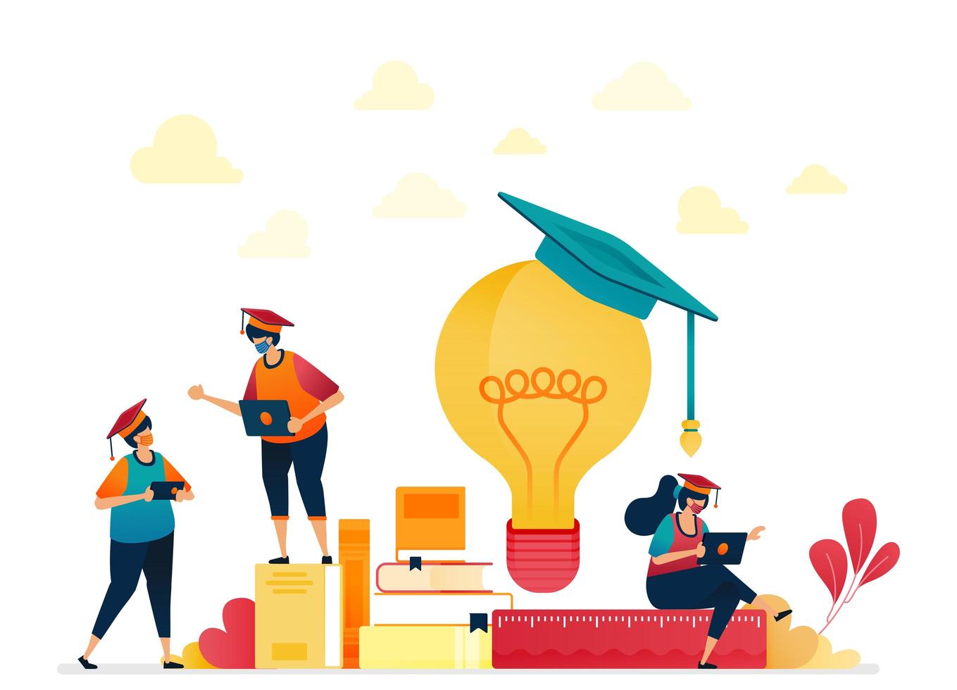 People in graduation caps, stacks of books, light bulb. Stationery for school and learning students. Ideas from reading. Vector illustration for website, mobile apps, banner, template, poster, flyer