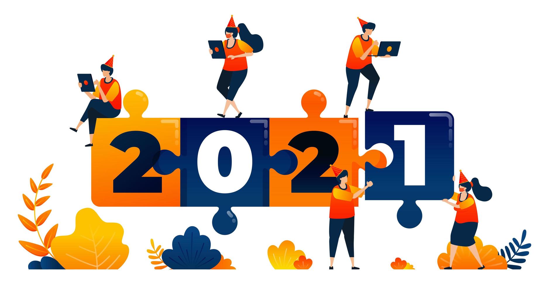 Año nuevo de 2020 a 2021 con tema de juego de rompecabezas, liderazgo y trabajo en equipo. El concepto de ilustración vectorial se puede utilizar para la página de destino, plantilla, ui ux, web, aplicación móvil, póster, pancarta, sitio web, folleto vector