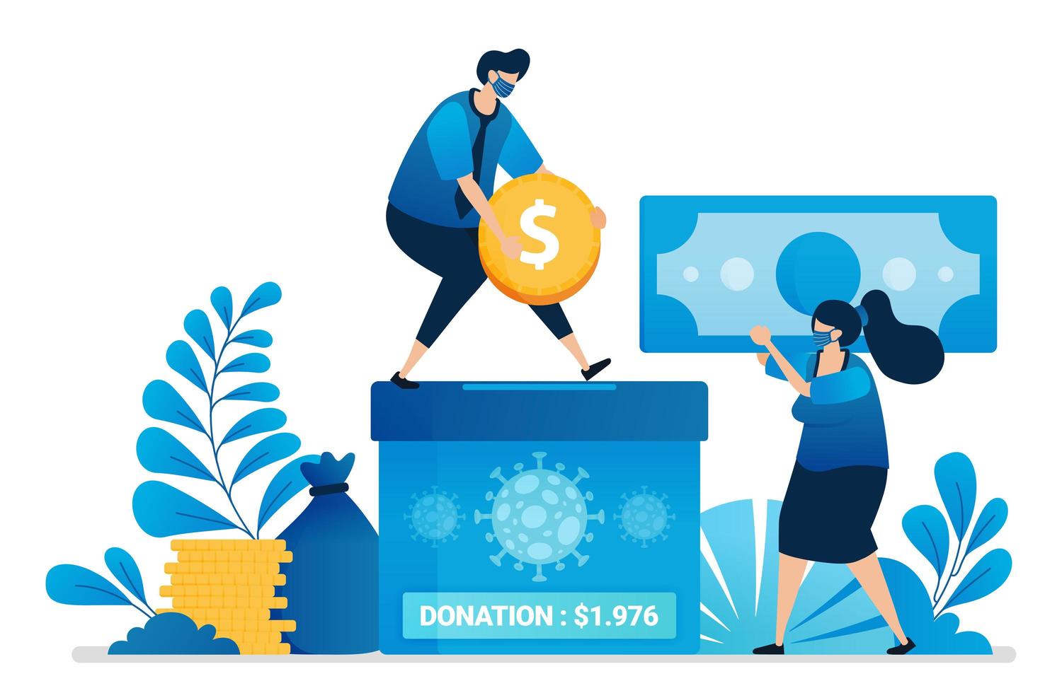 Vector illustration of donation money for handling covid-19. Charity for the economy of people affected by the pandemic. Can be used for website, web, mobile apps, flyer, banner, template, poster