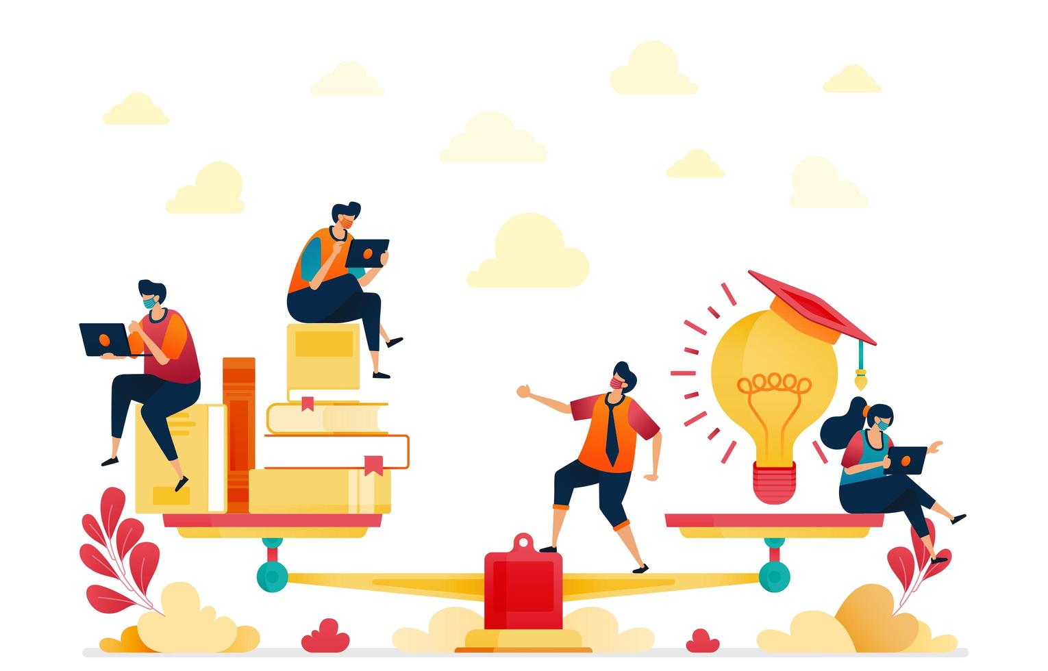 Balance between reading and ideas. Stacks of books and light bulbs for inspiration and education. Graduated from university. Vector illustration for website, mobile apps, banner, template, poster