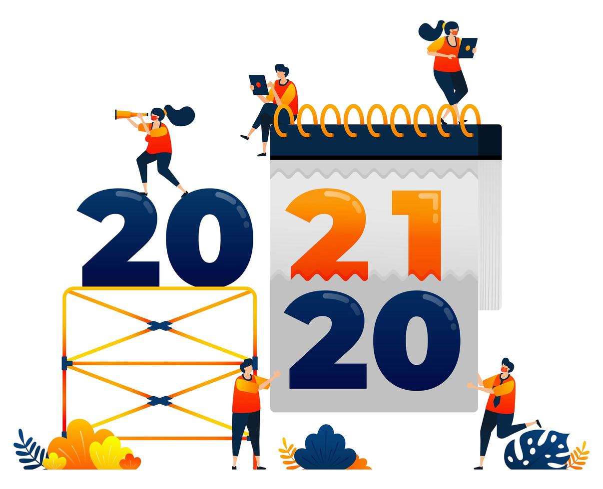 cuenta regresiva de 2020 a 2021 con tema de eliminación del calendario de los últimos años. El concepto de ilustración vectorial se puede utilizar para la página de destino, plantilla, ui ux, web, aplicación móvil, póster, pancarta, sitio web, folleto vector