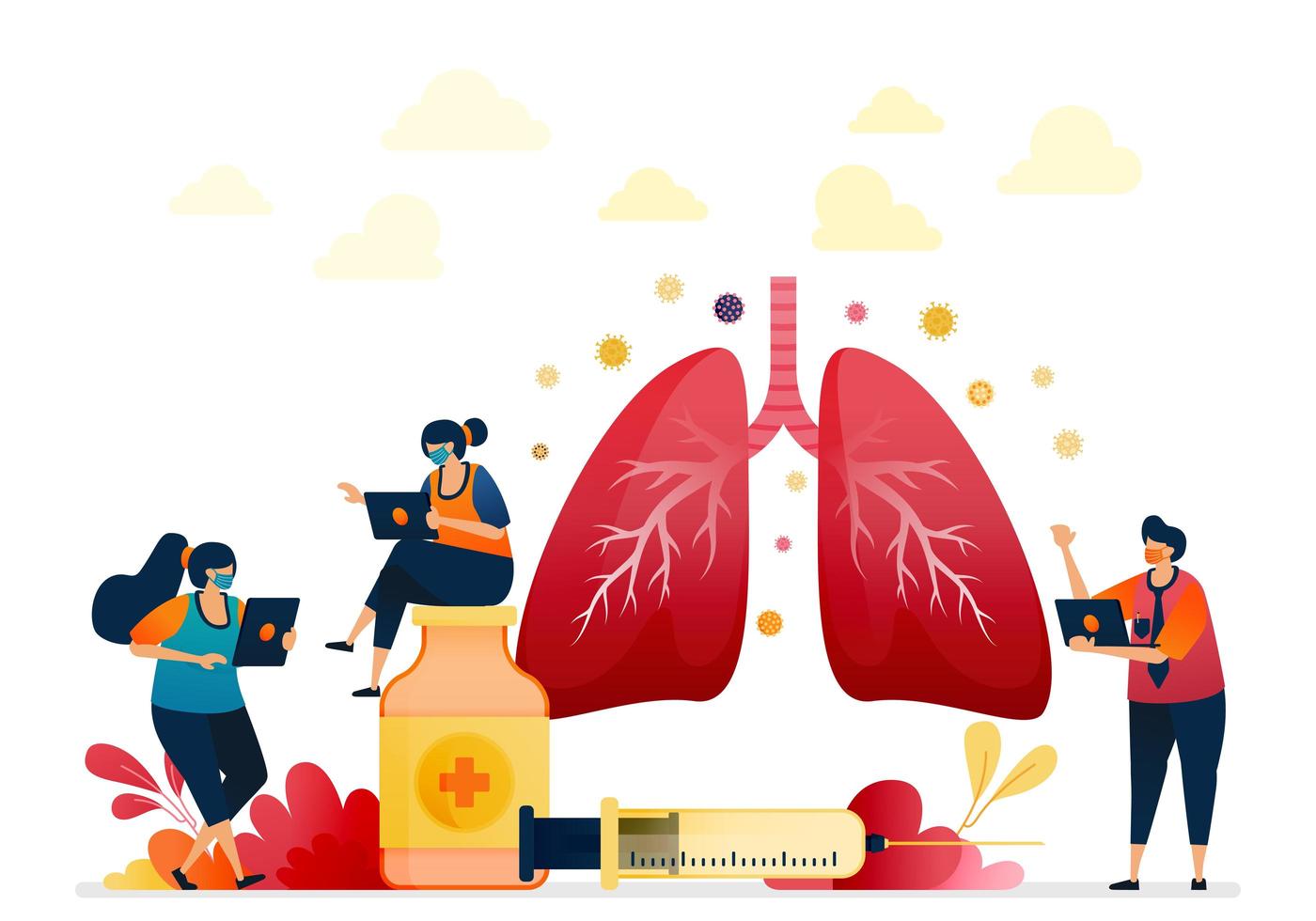 Treatment for lung disease. Flat lung design with 3d gradations. Drugs and injections for lung surgery. Health of respiration. Vector illustration for website, mobile apps, banner, template, poster