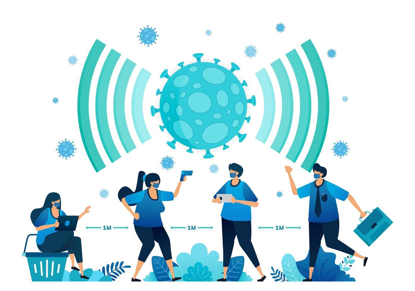 Vector illustration of social distancing and new normal protocols for work and activities during a pandemic. Symbol icon for virus, radar, signal, network and wifi of covid-19. Landing page, web, apps