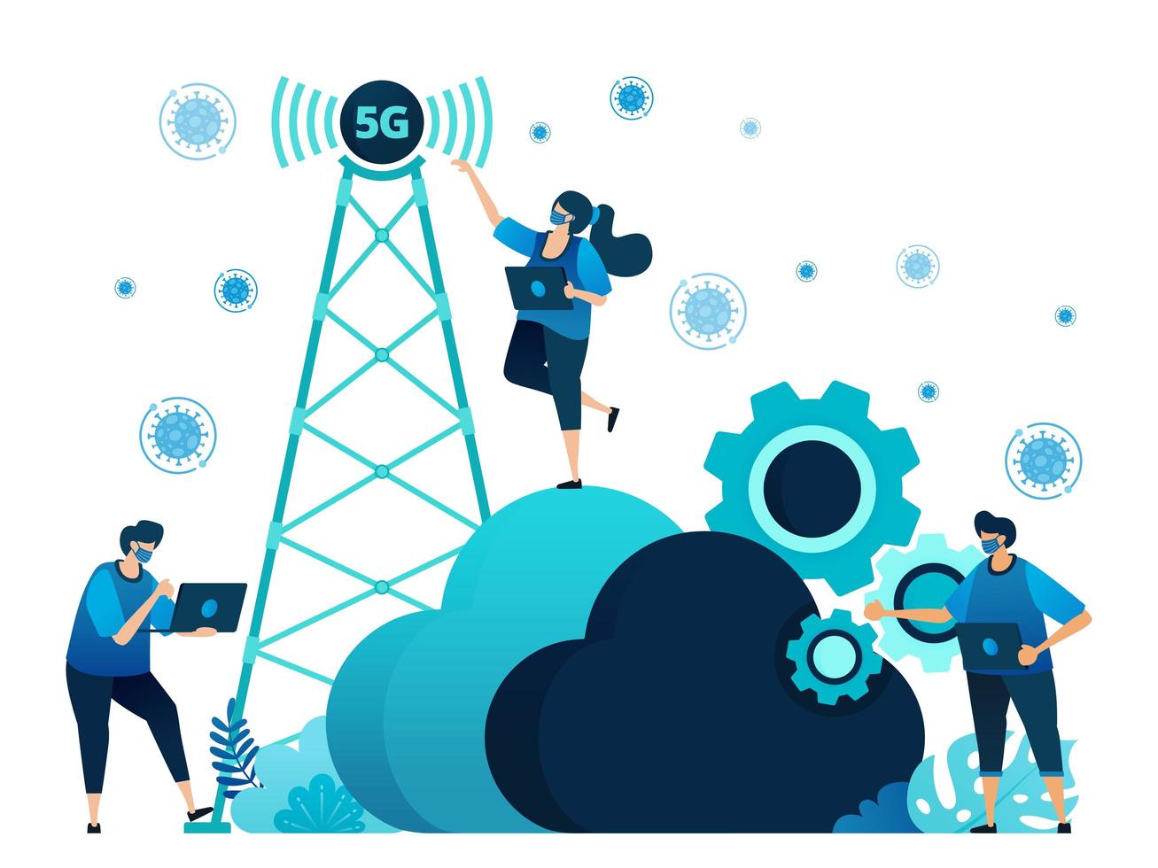 Vector illustration of 5g infrastructure and internet network connections for activities and work during covid-19 virus pandemic. Symbol of cloud, engine, hosting. Landing page, web, website, banner