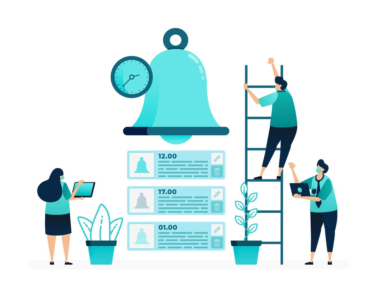 vector illustration of Program time reminder alarms in mobile apps. plan notifications and scheduling bells. women and men workers. designed for website, web, landing page, apps, ui ux, poster, flyer