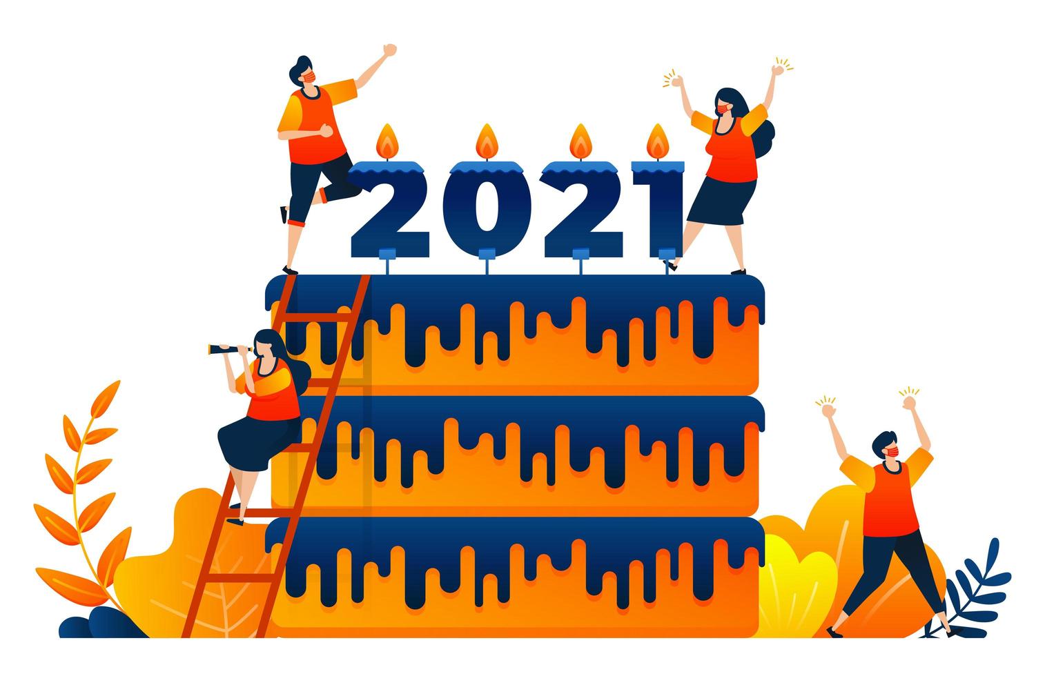 cuenta regresiva de 2020 a 2021 con tema de pastel de celebración de año nuevo con vela. El concepto de ilustración vectorial se puede utilizar para la página de destino, plantilla, ui ux, web, aplicación móvil, póster, banner, sitio web vector