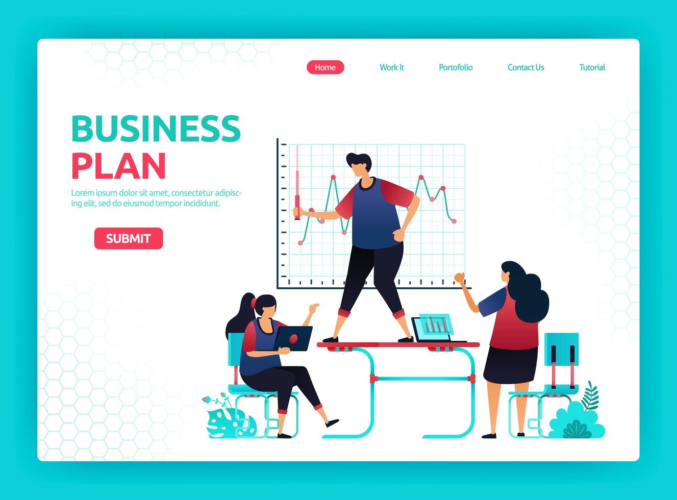 Vector illustration of plan business growth, analysis and development. Meetings and conferences in office with employees. Graphic design template for banner, flyer, brochure, cover, magazine, print