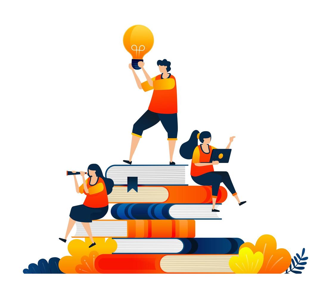 estudiantes educativos sentados en una pila de libros. ideas en manos de los estudiantes. El concepto de ilustración vectorial se puede utilizar para la página de destino, plantilla, ui ux, web, aplicación móvil, póster, pancarta, sitio web, folleto vector