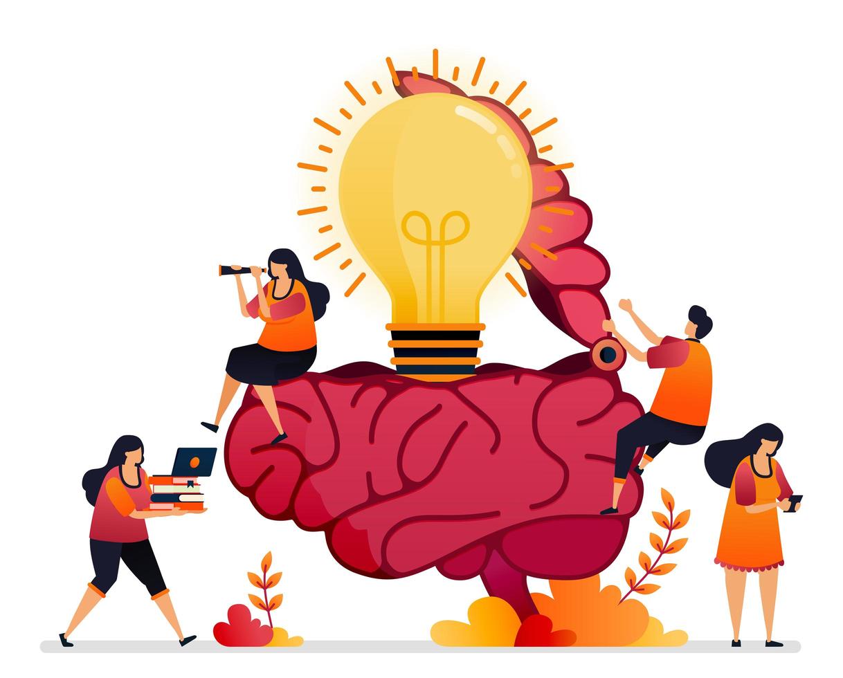 Vector illustration of looking for ideas, solution, opening your creative mind. brain symbol of inspiration. Graphic design for landing page, web, website, mobile apps, banner, template, poster, flyer