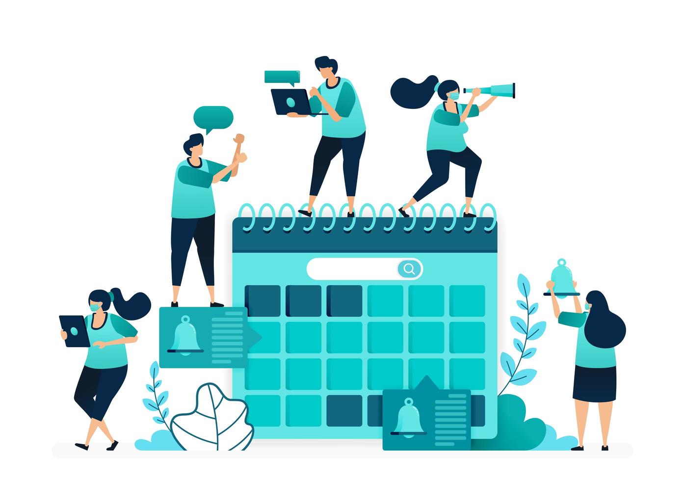 vector illustration of agenda in calendar. manage scheduling and planning work timeliness deadlines. group of women and men workers. designed for website, web, landing page, apps, ui ux, poster, flyer