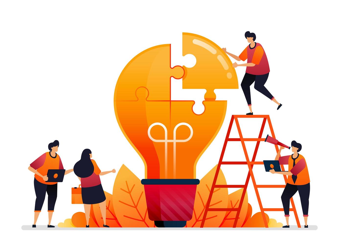 Vector illustration of solve problems and find solutions with teamwork. Share ideas with brainstorming. Graphic design for landing page, web, website, mobile apps, banner, template, poster, flyer