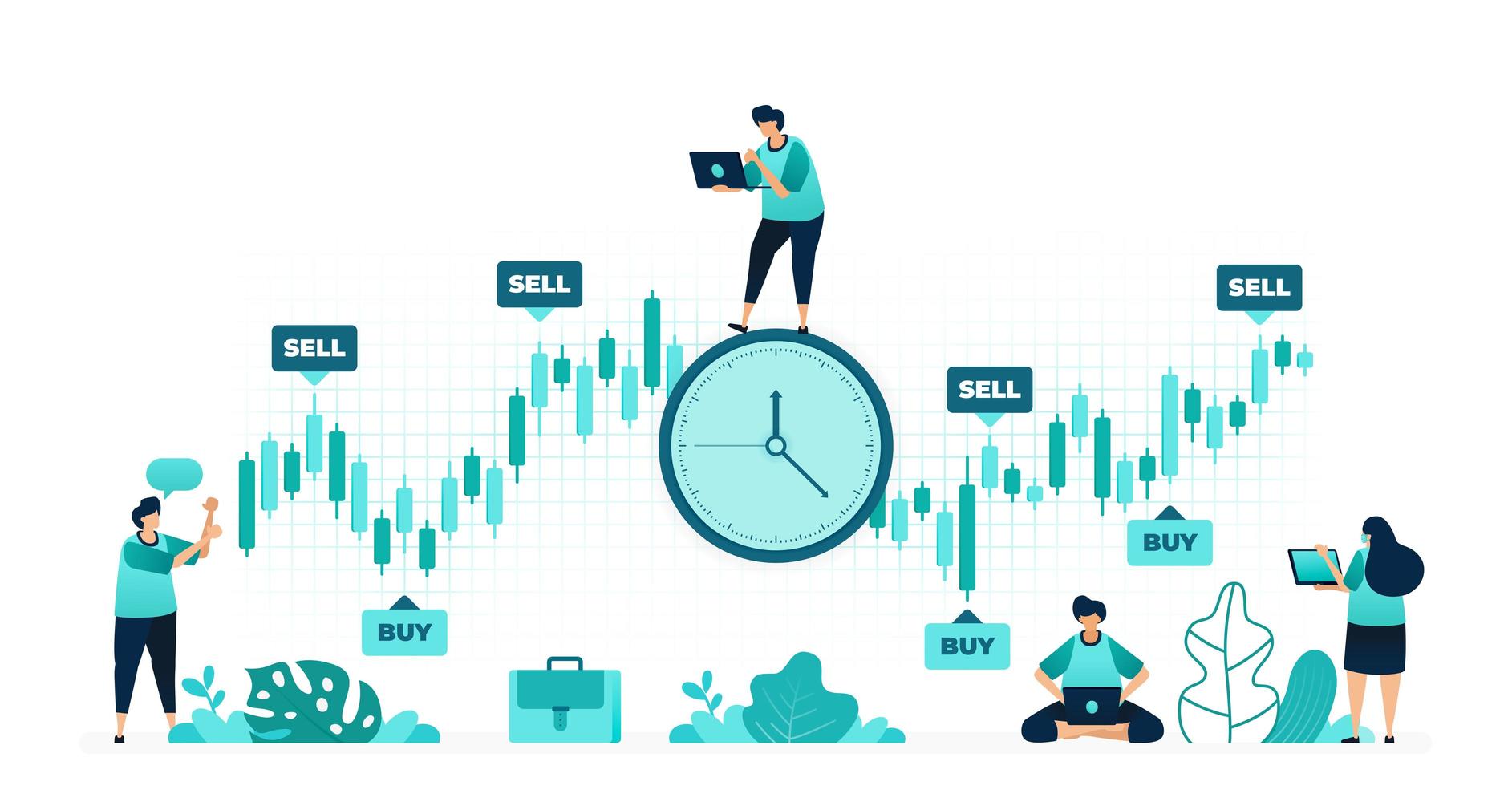 vector illustration of timing of investment. the right time to buy and sell stocks to make a big profit. women and men workers. designed for website, web, landing page, apps, ui ux, poster, flyer