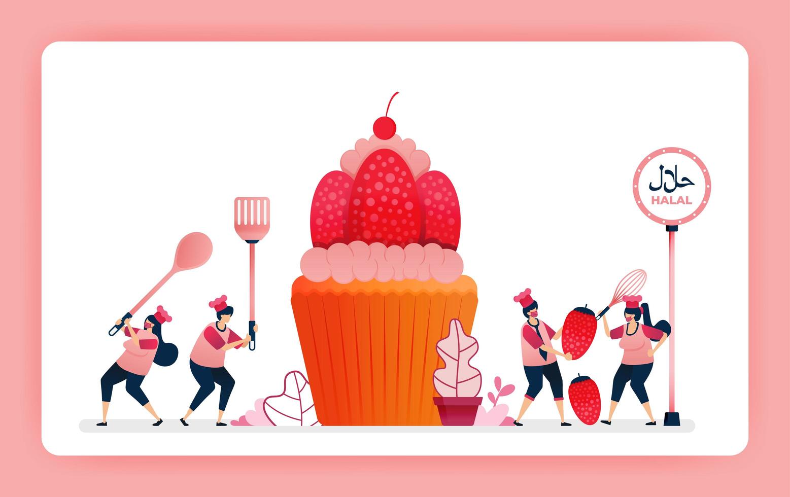 Food illustration of cook halal sweet strawberry cupcakes. Cook chocolate wafer snacks for muffin topping. Design can use for website, web, landing page, banner, mobile apps, ui ux, poster, flyer vector