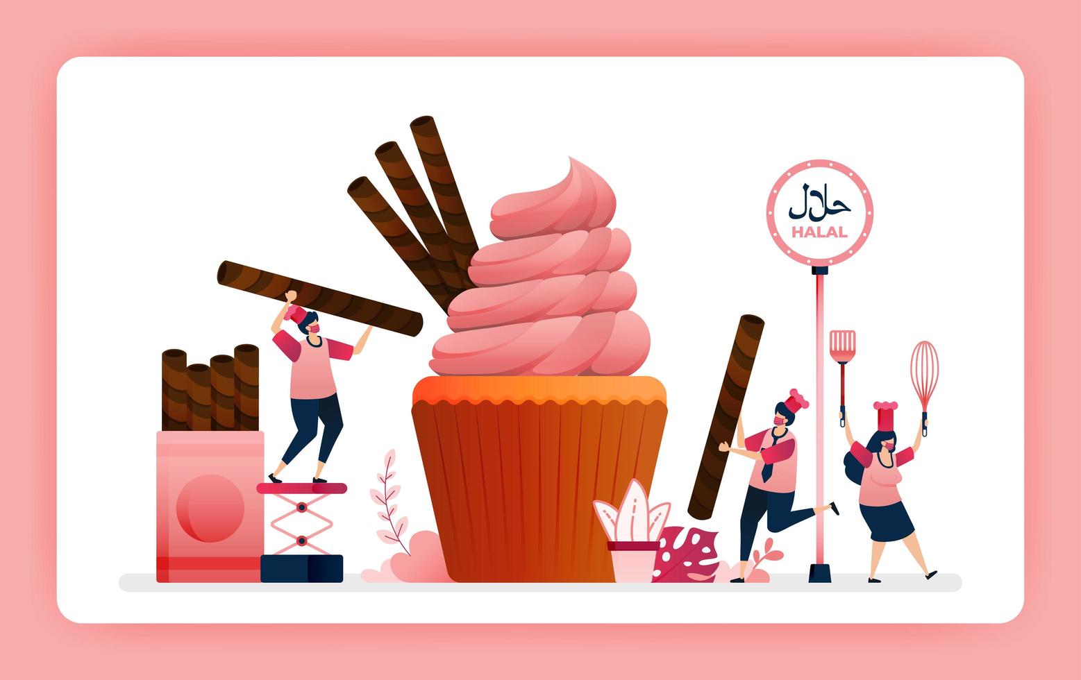 halal food menu illustration of sweet strawberry cupcake. Cook chocolate wafer snacks for muffin topping. Design can use For website, web, landing page, banner, mobile apps, UI UX, poster, flyer vector