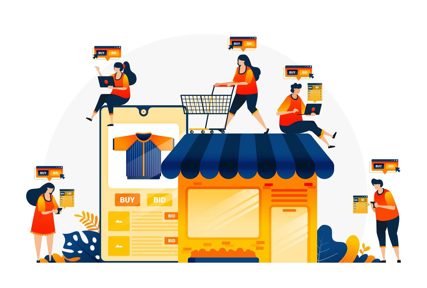 Illustration of shopping and spending money with e-commerce apps. Own your own shop with e-commerce. Find the right item with online shops. Landing page template for web, websites, site, banner, flyer vector