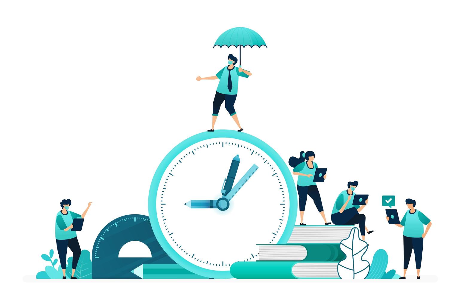 vector illustration of calculate study time for students. selection and planning of education timeframes. women and men workers. designed for website, web, landing page, apps, ui ux, poster, flyer