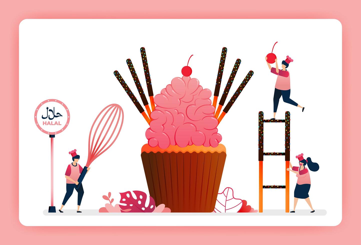 Illustration of cook halal sweet strawberry cupcakes. Pink sugar icing with chocolate cake sticks and candy. Design can use for website, web, landing page, banner, mobile apps, ui ux, poster, flyer vector