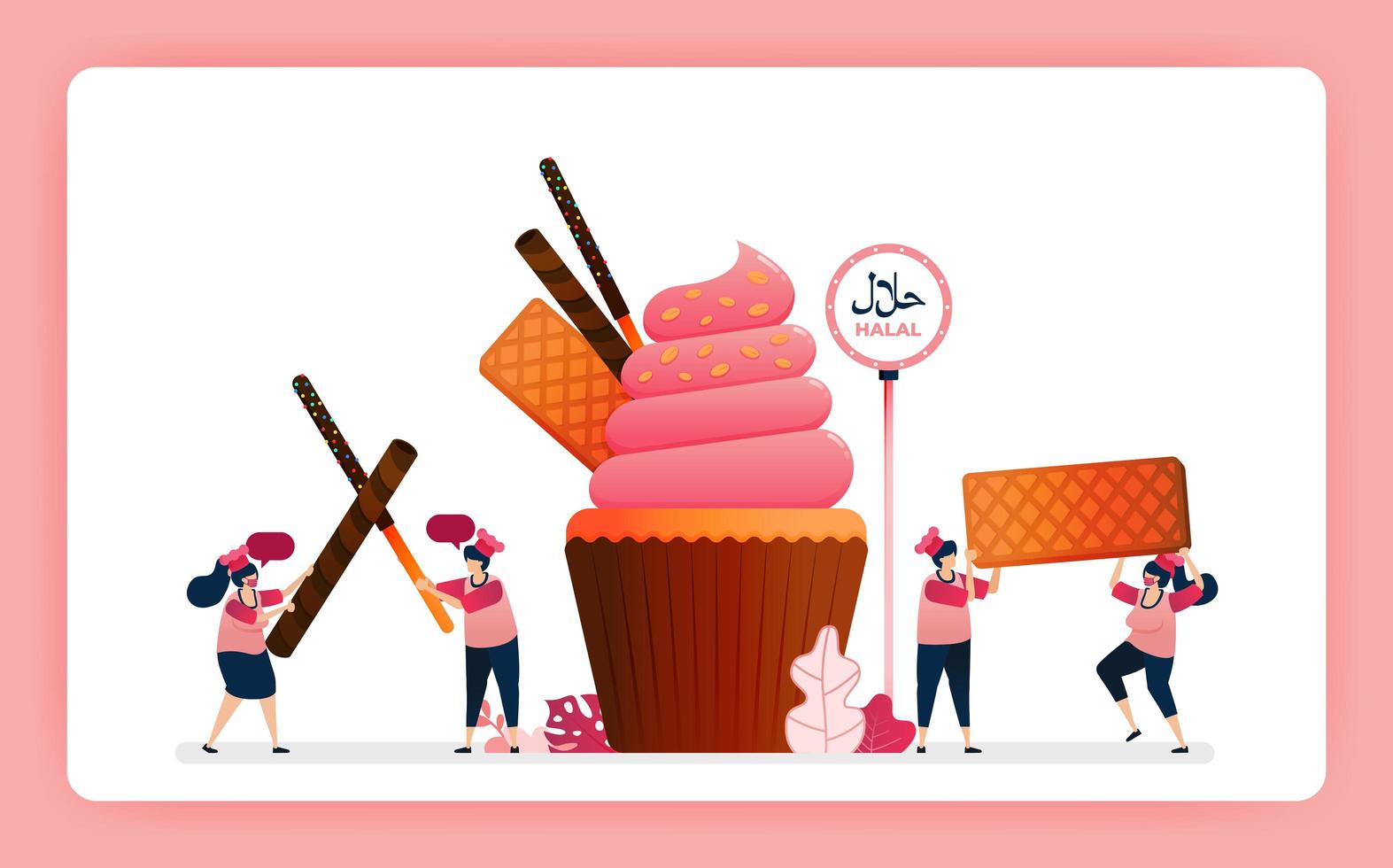 Illustration of cook halal sweet strawberry cupcakes. Muffin with snack waffle, chocolate stick and wafer. Design can use for website, web, landing page, banner, mobile apps, ui ux, poster, flyer vector