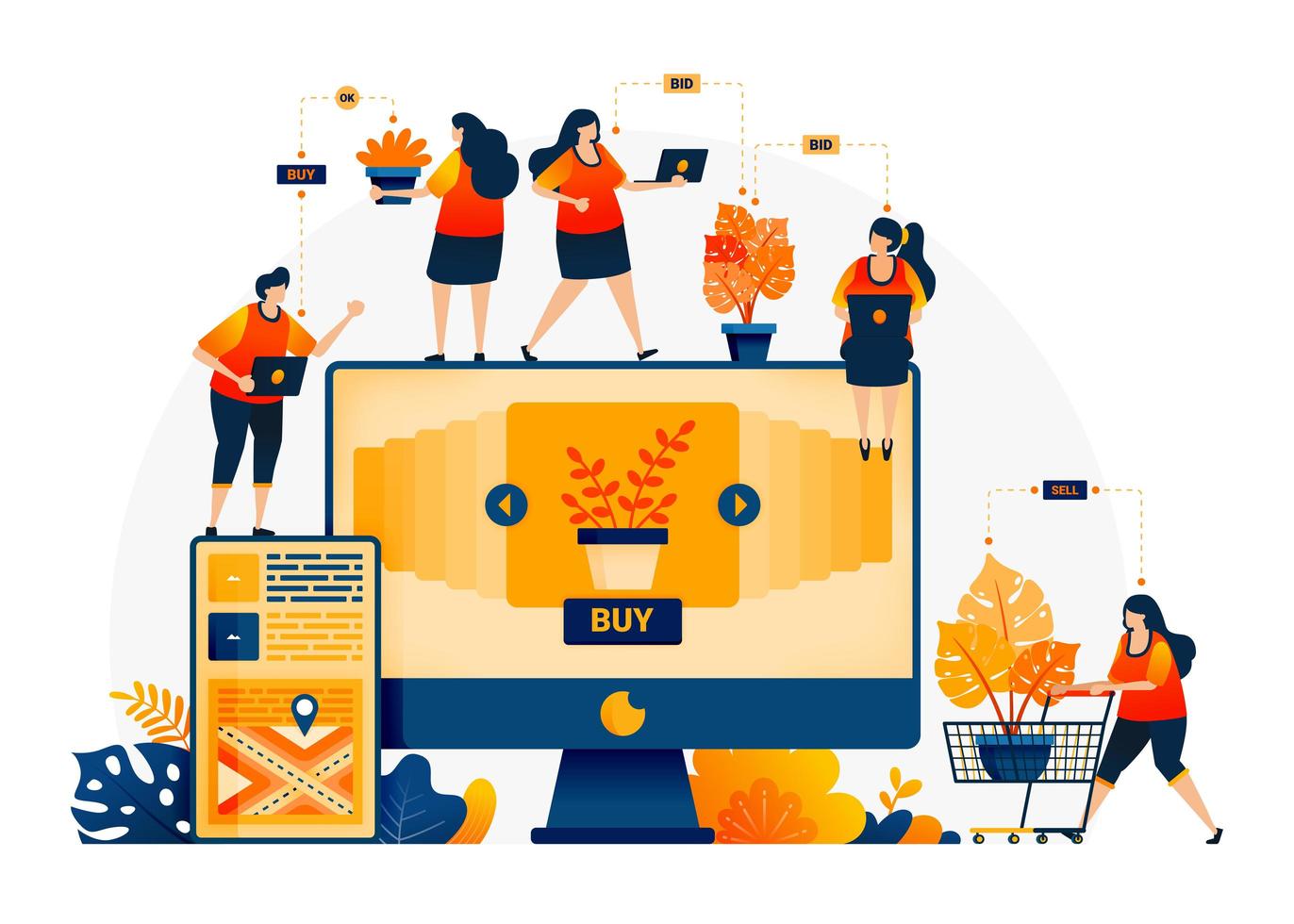 Illustration of shop and find plants at best prices. E-commerce and delivery services with mobile apps. Looking for monstera plants online. Landing page template for web, websites, site, banner, flyer vector