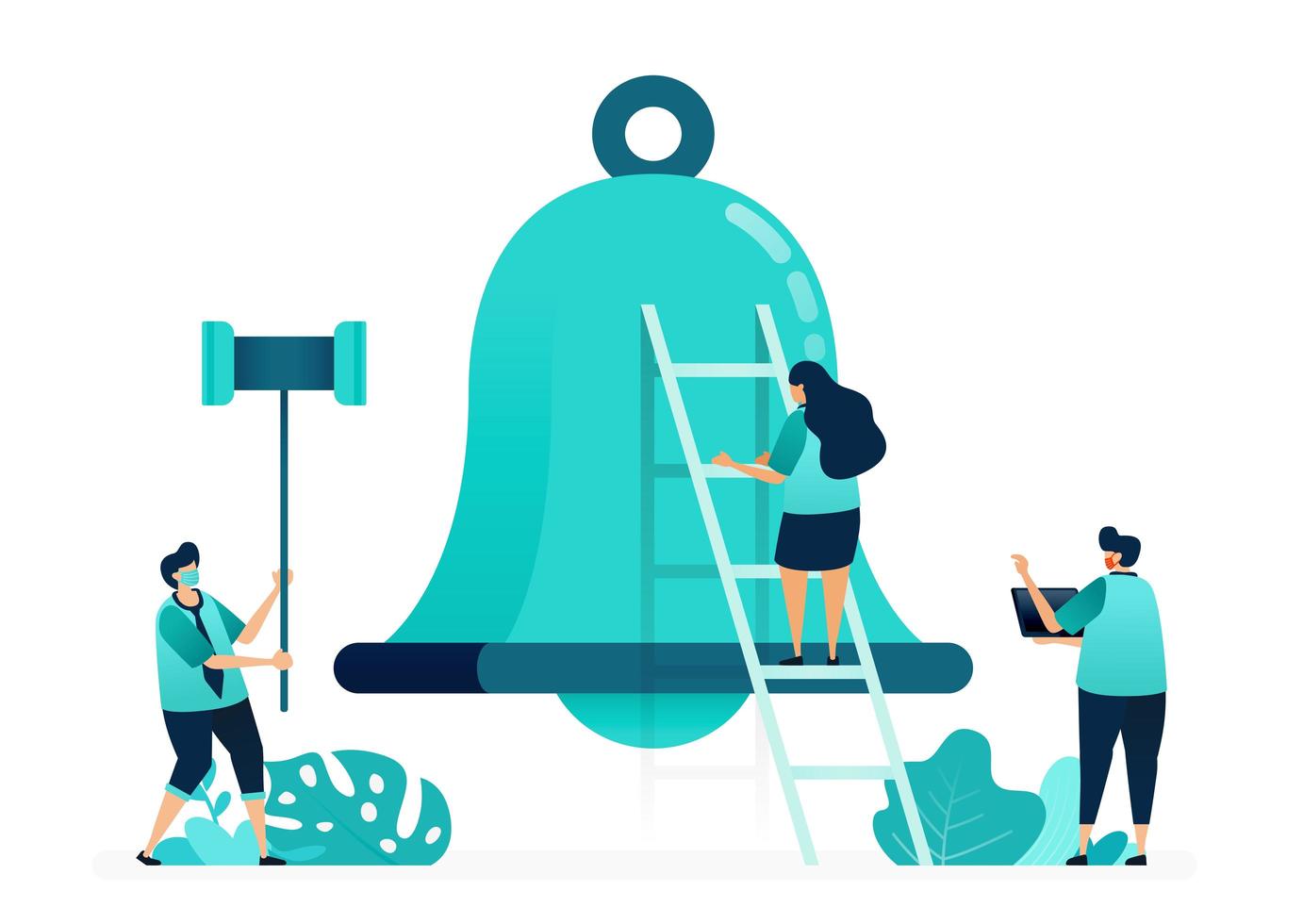 vector illustration of alarm bells for notifications and apps. holding a hammer to hit the bells. group of women and men workers. designed for website, web, landing page, apps, ui ux, poster, flyer