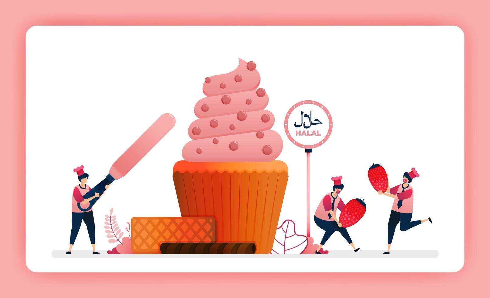 halal food menu illustration of sweet strawberry cupcake. Making muffins decorated with swirl icing and cocoa. Design can use For website, web, landing page, banner, mobile apps, UI UX, poster, flyer vector