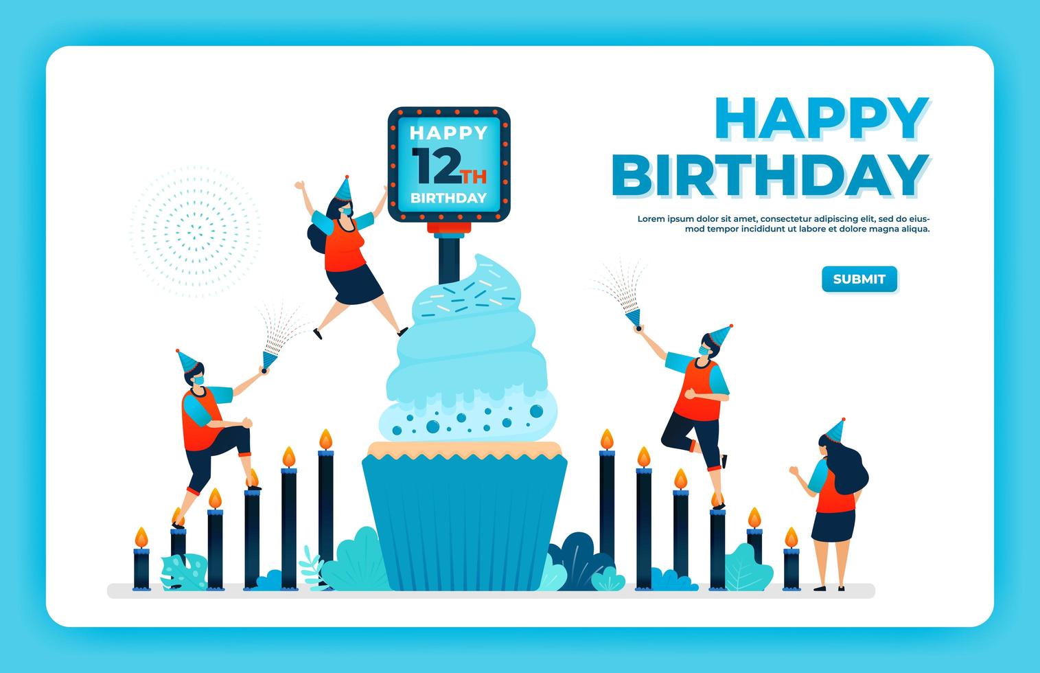 Ilustración de vector de 12 cumpleaños con protocolo de salud. feliz fiesta de cumpleaños en cuarentena. cartel de cumpleaños. tarjeta de cumpleaños online. para sitio web, web, página de destino, banner, aplicaciones móviles, ui ux, póster, folleto