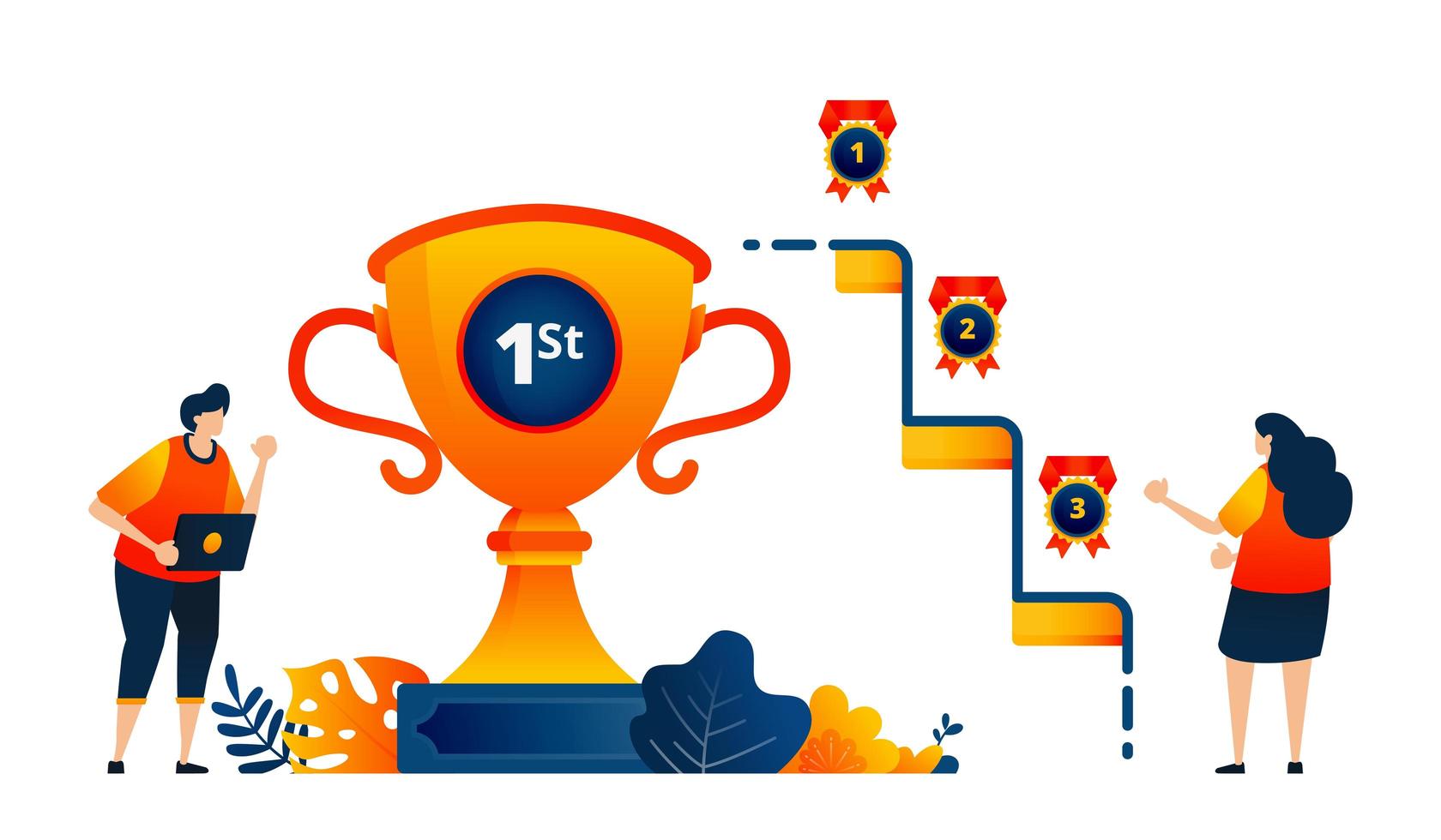 la gente obtiene medallas de trofeo por el primer, segundo y tercer lugar. celebrando la victoria. El concepto de ilustración vectorial se puede utilizar para la página de destino, plantilla, ui ux, web, aplicación móvil, póster, pancarta, sitio web, folleto vector