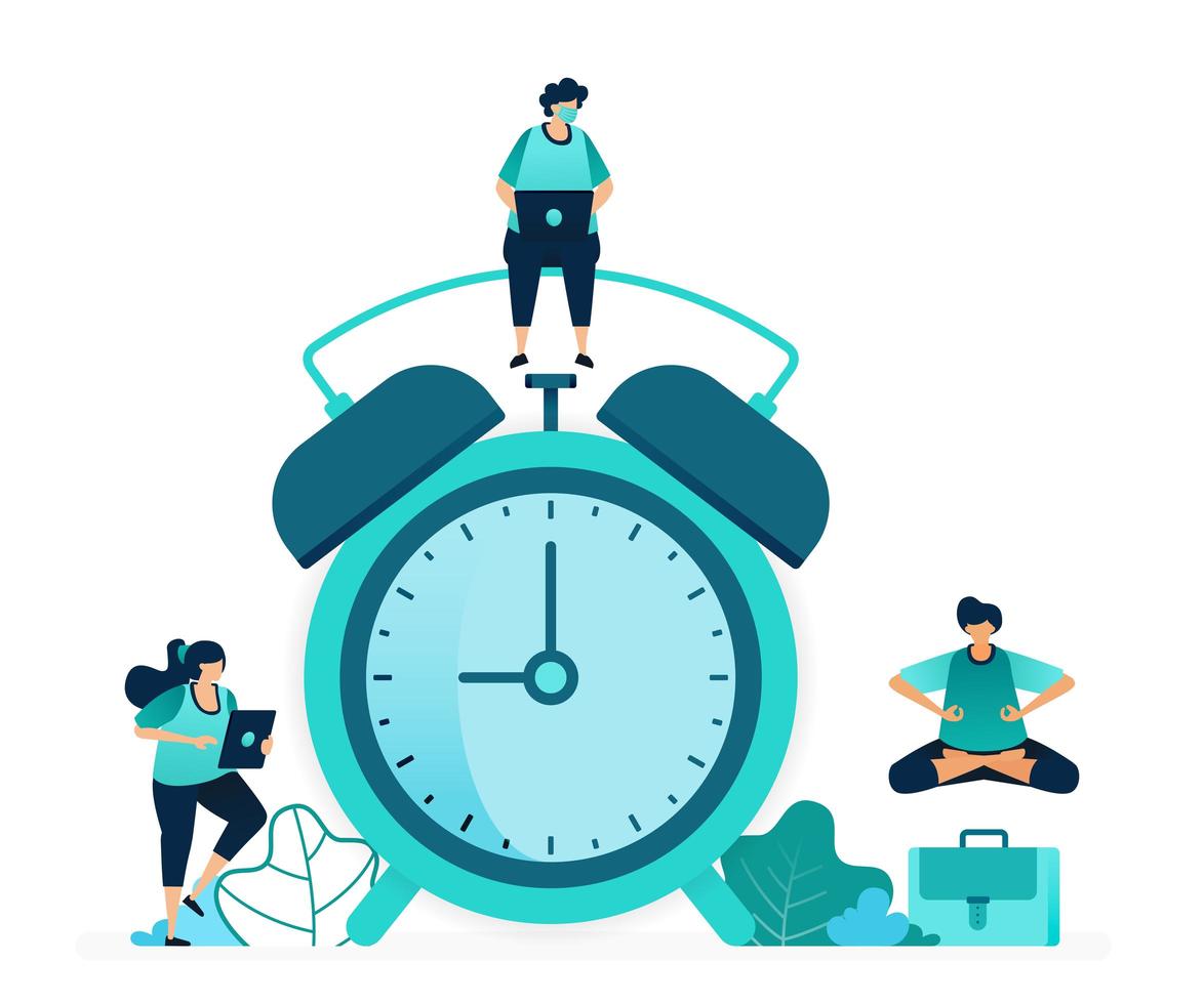 vector illustration of setting alarm clock to wake up in morning. Scheduling and plan notification alerts. women and men workers. designed for website, web, landing page, apps, ui ux, poster, flyer