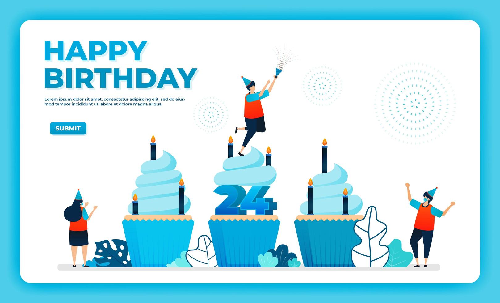 Ilustración de vector de 24 cumpleaños con protocolo de salud. feliz fiesta de cumpleaños en cuarentena. cartel de cumpleaños. tarjeta de cumpleaños online. para sitio web, web, página de destino, banner, aplicaciones móviles, ui ux, póster, folleto