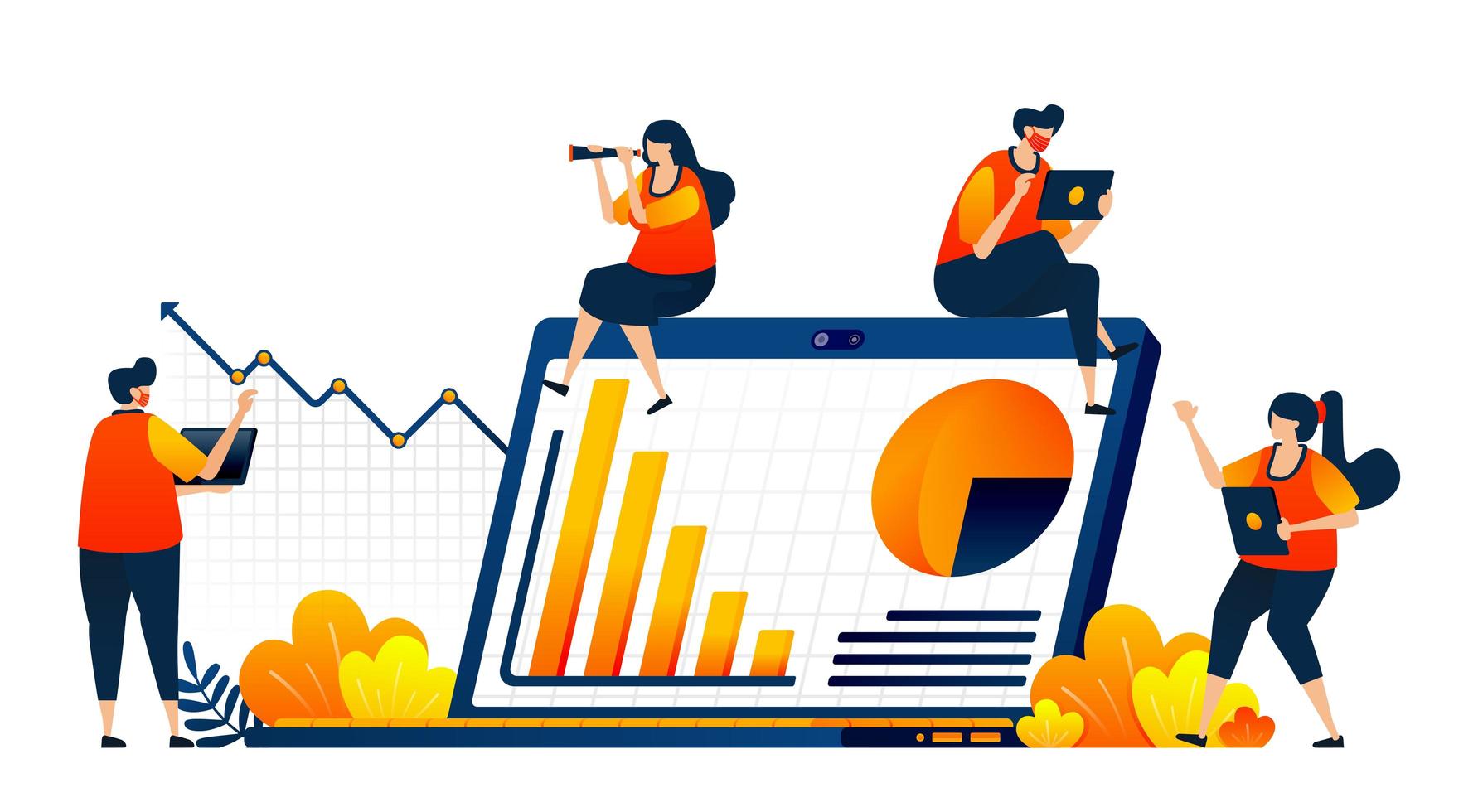 People meeting company performance with financial charts and graph reports. Vector illustration concept can be use for landing page, template, ui ux, web, mobile app, poster, banner, website, flyer