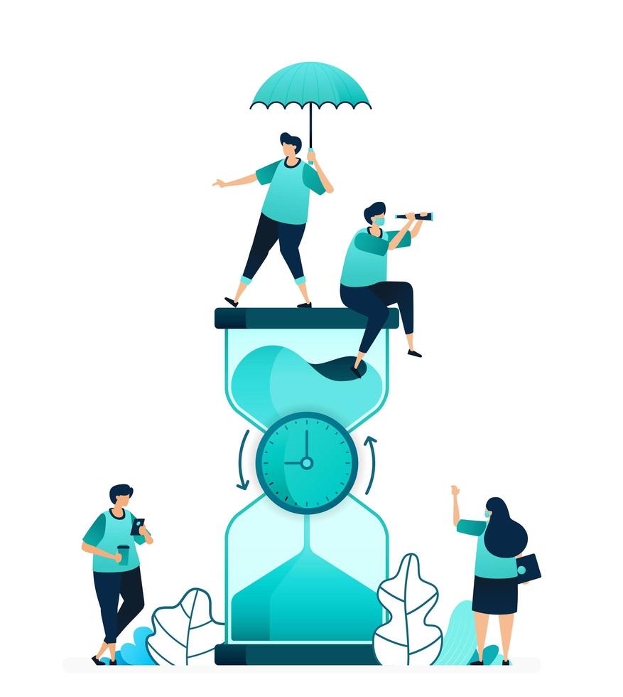 vector illustration of hourglass with clock rotating in the middle to count down. measure time limit and workability. women and men workers. designed for website, web, landing page, apps, poster flyer