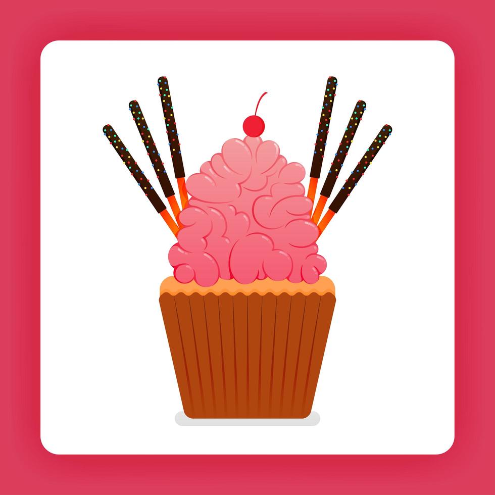 Ilustración de cupcake con crema batida de fresa gigante y cobertura adicional, seis palitos de chocolate y cerezas. el diseño puede ser para libros, folletos, carteles, sitios web, aplicaciones, páginas de destino, libros de cocina vector