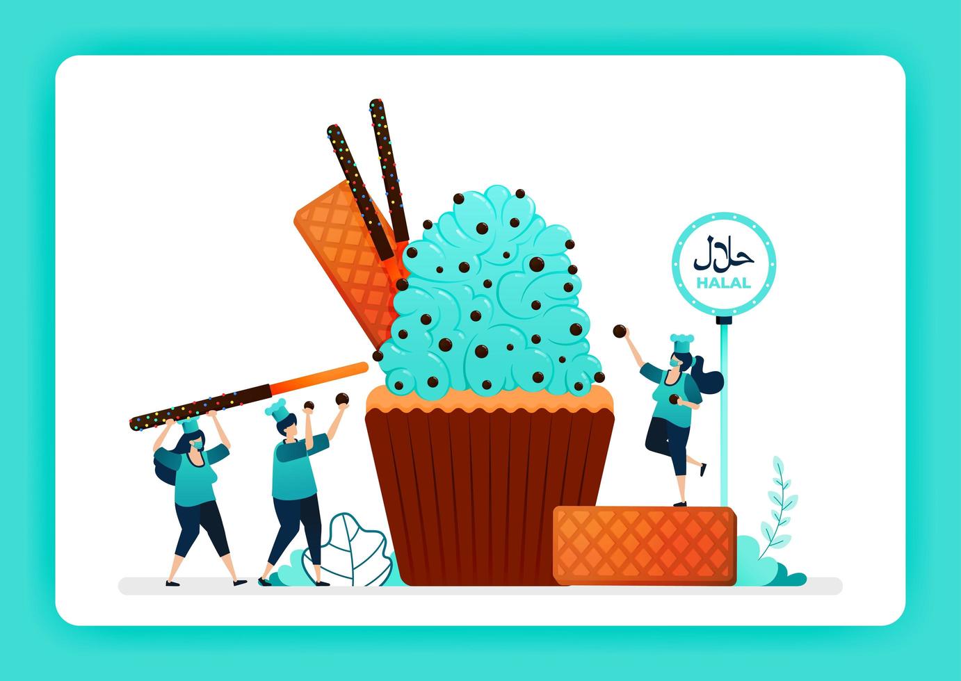 Food illustration of cook halal sweet cupcakes. Muffins topping with cream, waffle, chocolate chip, biscuit. Design can use for website, web, landing page, banner, mobile apps, ui ux, poster, flyer vector