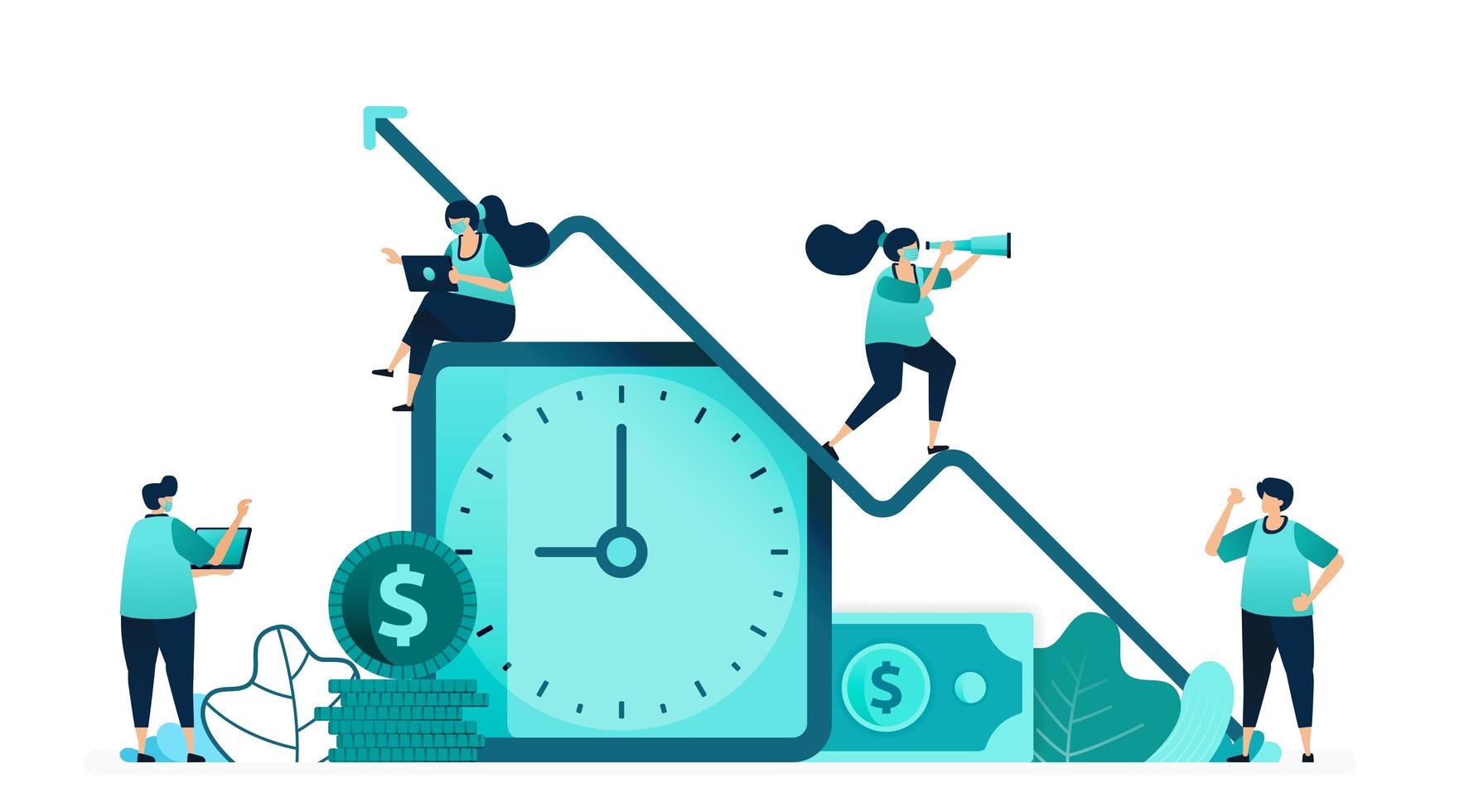 ilustración vectorial de mejorar la calidad del tiempo y los ingresos de los empleados. reloj con un billete de un dólar y un montón de monedas. trabajadoras y trabajadores. diseñado para sitio web, web, página de destino, aplicaciones, póster, folleto vector