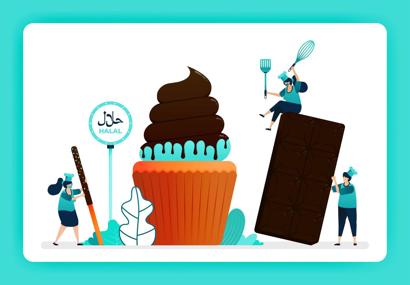 Illustration of cook halal sweet cupcakes and bakery. Muffin with melted sweet chocolate and cocoa topping. Design can use for website, web, landing page, banner, mobile apps, ui ux, poster, flyer vector