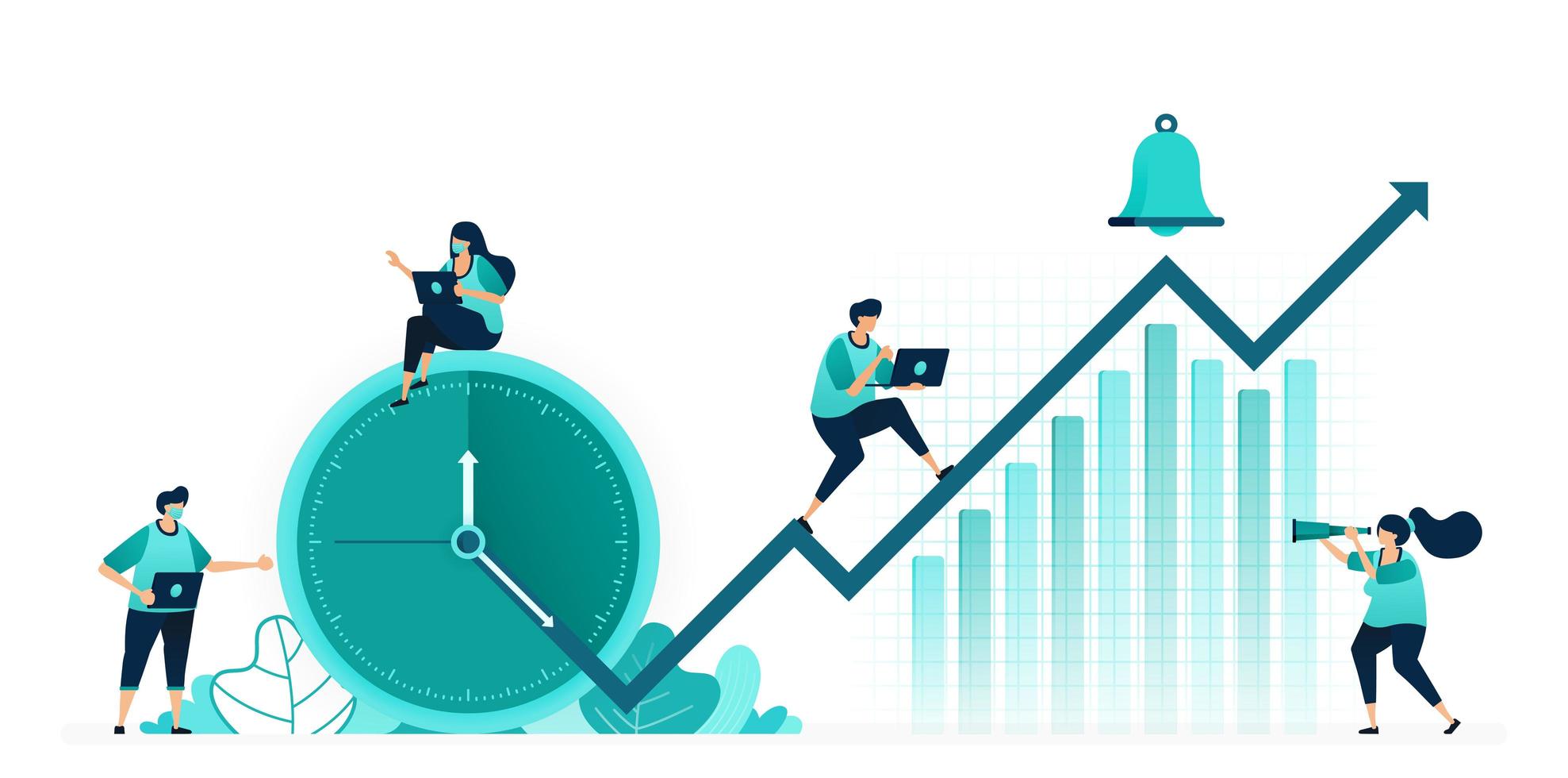 ilustración vectorial de horarios y horarios para mejorar el desempeño de la empresa. los beneficios de la empresa aumentan en el gráfico. trabajadoras y trabajadores. diseñado para sitio web, web, página de destino, aplicaciones ui ux, folleto de póster vector