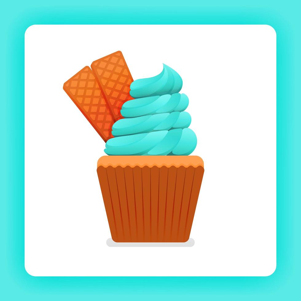 Illustration of tasty cupcake with mint or bubble gum candy flavor ice cream twist. Extra double waffle topping. Design can be for books, flyer, poster, website, web, apps, landing page, cookbook vector