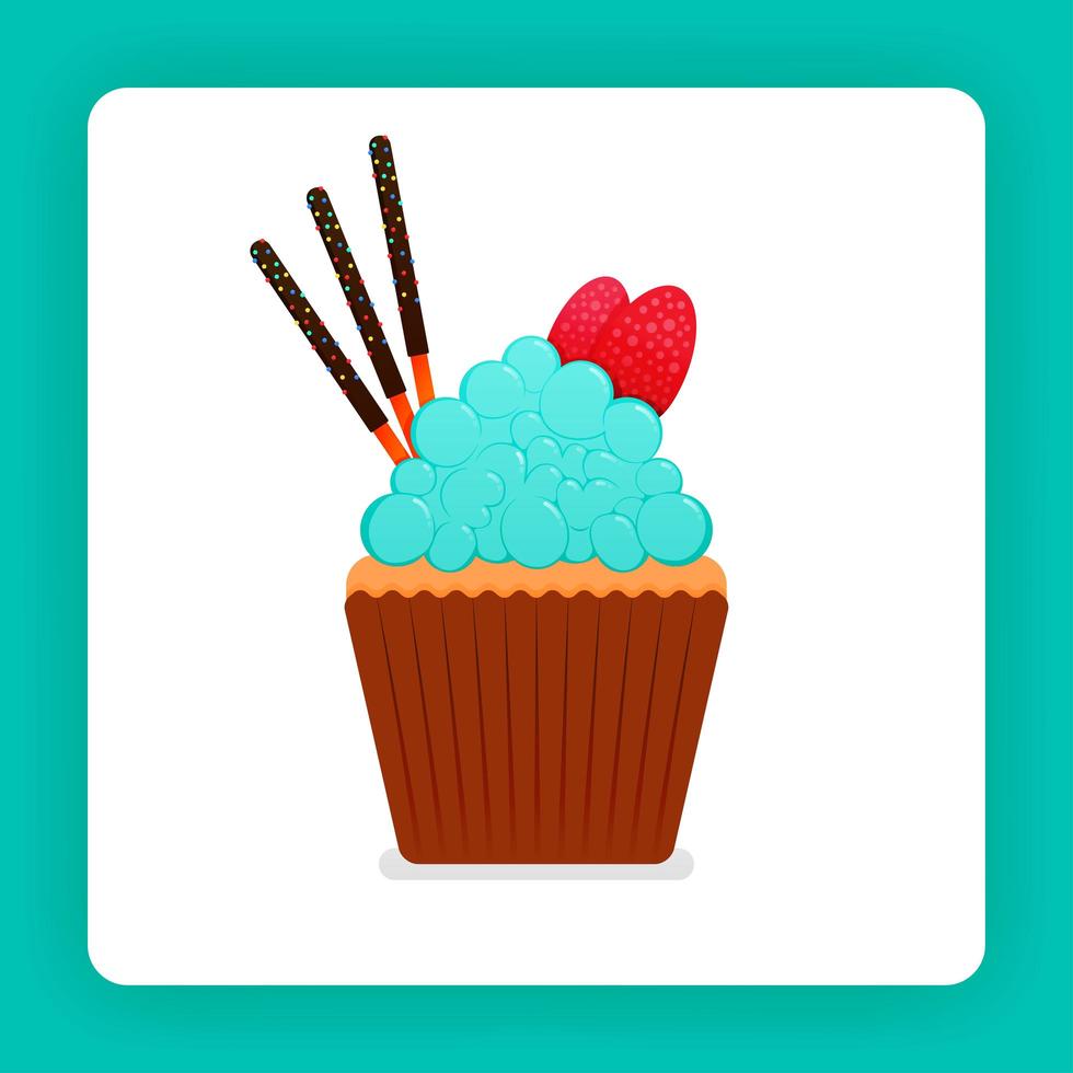 Ilustración de delicioso cupcake con crema batida con sabor a menta con fresas dobles añadidas y tres palitos de chocolate. el diseño puede ser para libro, volante, póster, sitio web, web, aplicaciones, página de destino, libro de cocina vector