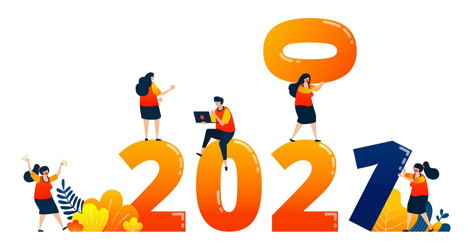 cuenta regresiva de 2020 a 2021 con tema de trabajo en equipo en el año siguiente. El concepto de ilustración vectorial se puede utilizar para la página de destino, plantilla, ui ux, web, aplicación móvil, póster, pancarta, sitio web, folleto vector