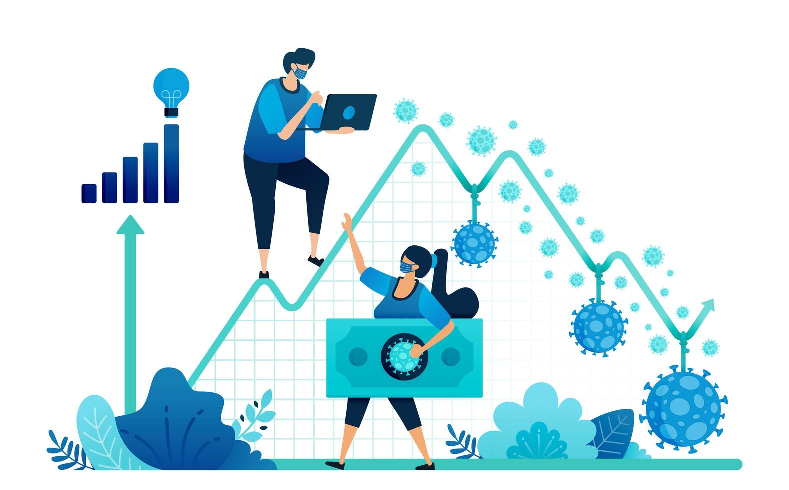 Vector illustration of failure and negative economic growth due to covid-19 or corona virus. Depression, inflation and corporate bankruptcy due to pandemic. Landing page, web, website, banner, apps