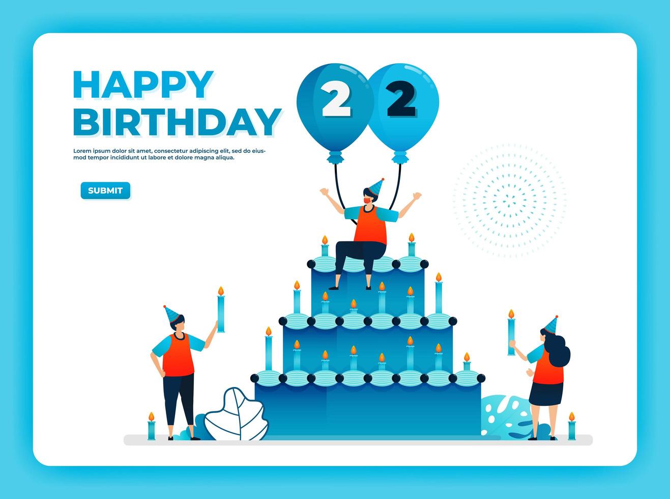 Ilustración de vector de cumpleaños número 22 con protocolo de salud. feliz fiesta de cumpleaños en cuarentena. cartel de cumpleaños. tarjeta de cumpleaños online. para sitio web, web, página de destino, banner, aplicaciones móviles, ui ux, póster, folleto