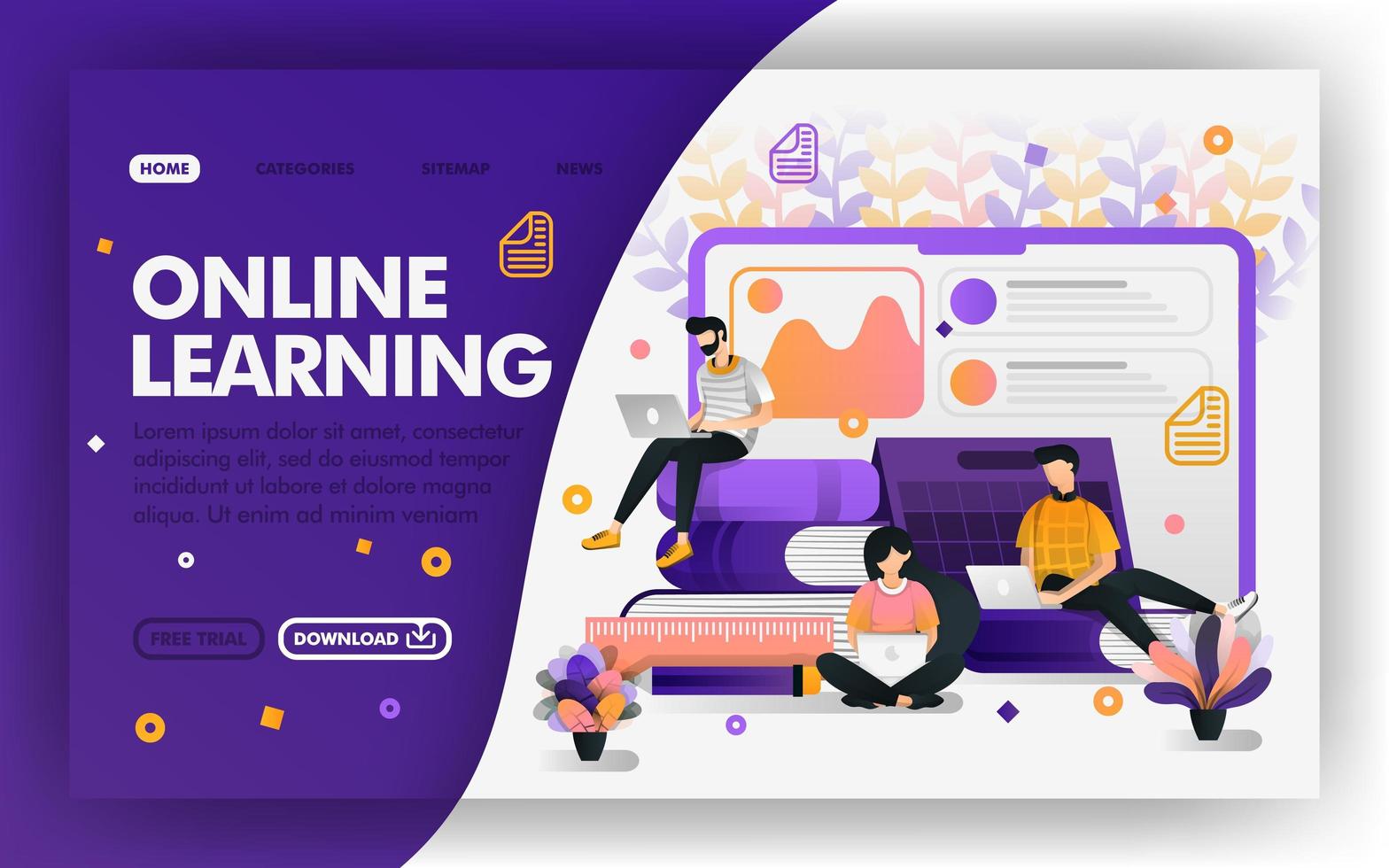 Student studying with internet Vector Web concept, distance learning system, e-learning.  Easy to use for website, banner, landing page, brochure, flyer, print, mobile, app, poster, template, UI UX