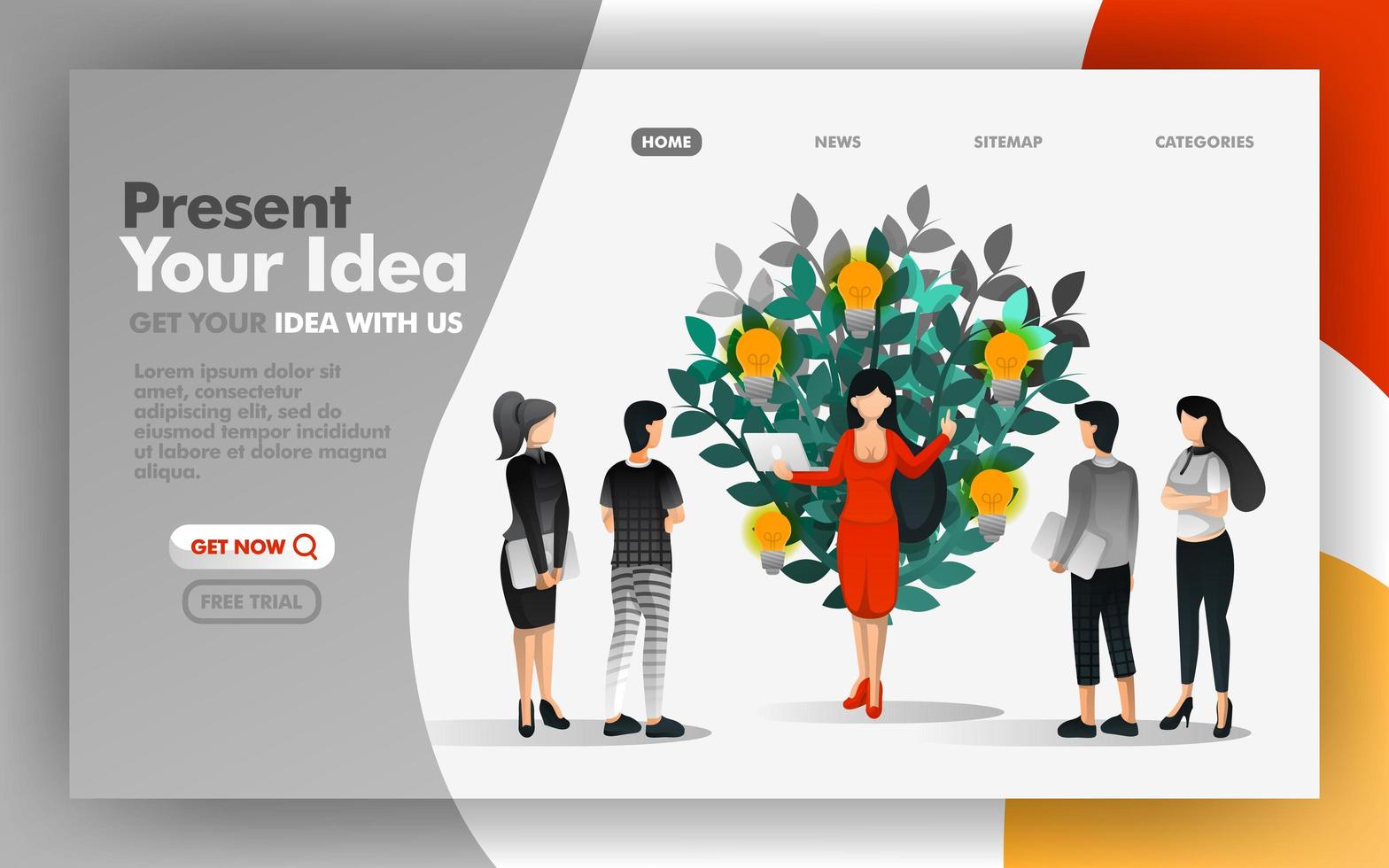 Vector Illustration Concept of business woman presenting ideas that start to grow. Easy to use for website, banner, landing page, brochure, flyer, print, mobile, app, poster, UI, Presentation, Ads