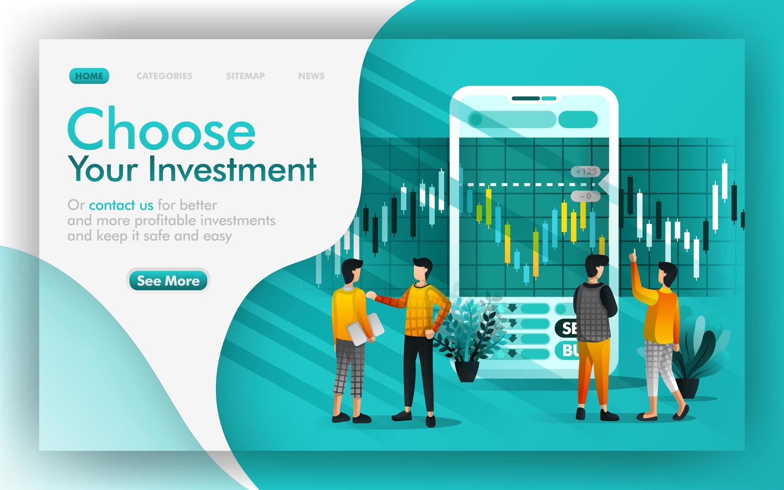 Choose good investment and saving Vector Illustration concept, people discuss each other to make investment choices. Easy to use for website, banner, page, brochure, print, mobile, app, poster, UI UX