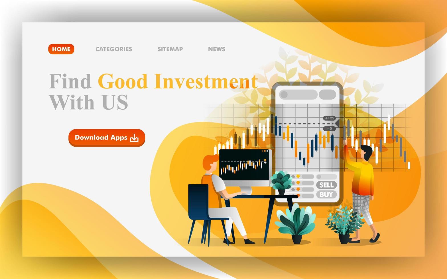 Find a good investment Vector Web Illustration, people analyze data to make decision on financial market.  Easy to use for website, banner, brochure, flyer, print, mobile, app, poster, template, UI UX