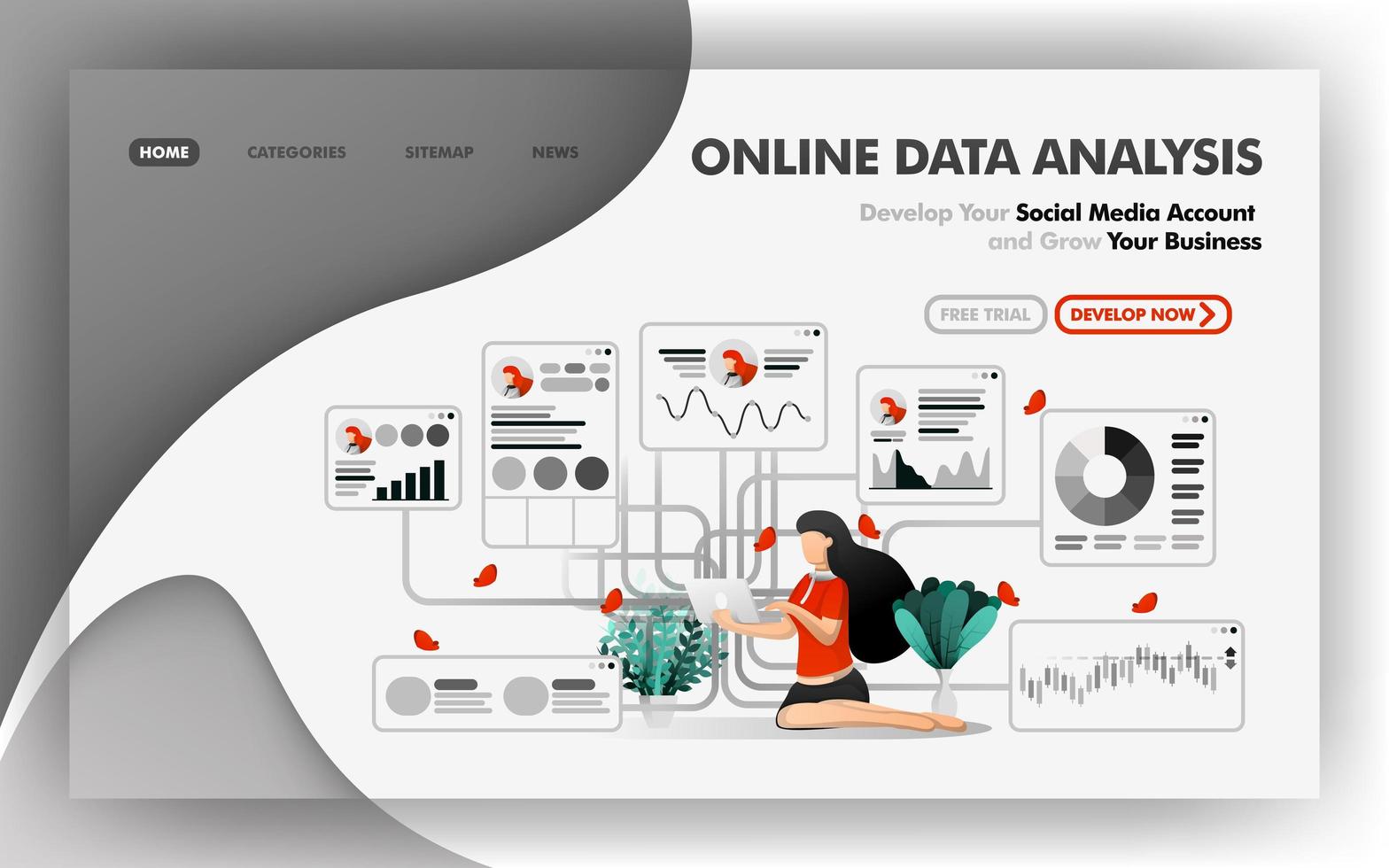 Online data analysis vector Illustration concept, relaxed girl analyzes data on direction of business growth. Easy to use for website, banner, brochure, flyer, print, mobile, app, poster, template, UI