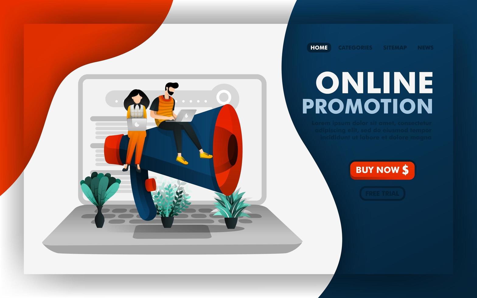 promoción de seo o concepto de ilustración de vector de promoción de marketing en línea, personas sentadas en megáfonos gigantes. fácil de usar para sitio web, banner, página de destino, folleto, volante, impresión, móvil, aplicación, cartel