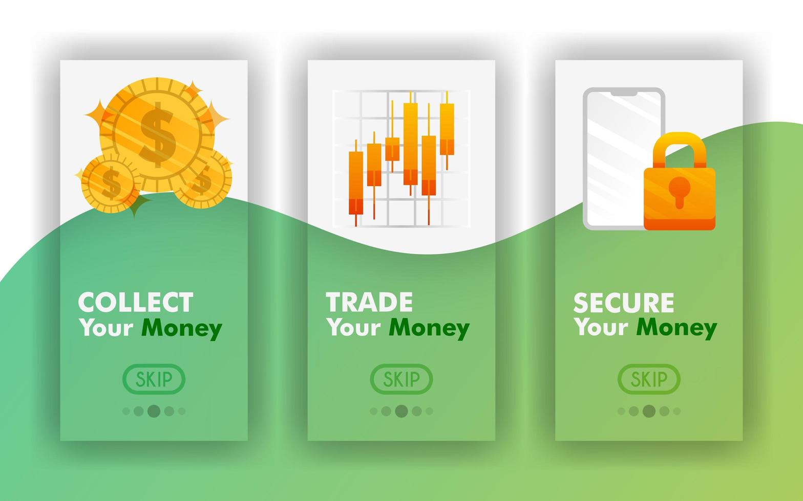 Collect, trade, secure your money Vector Mobile concept, Mobile app templates for finance. Easy to use for website, banner, landing page, brochure, flyer, print, mobile, app, poster, template, UI UX