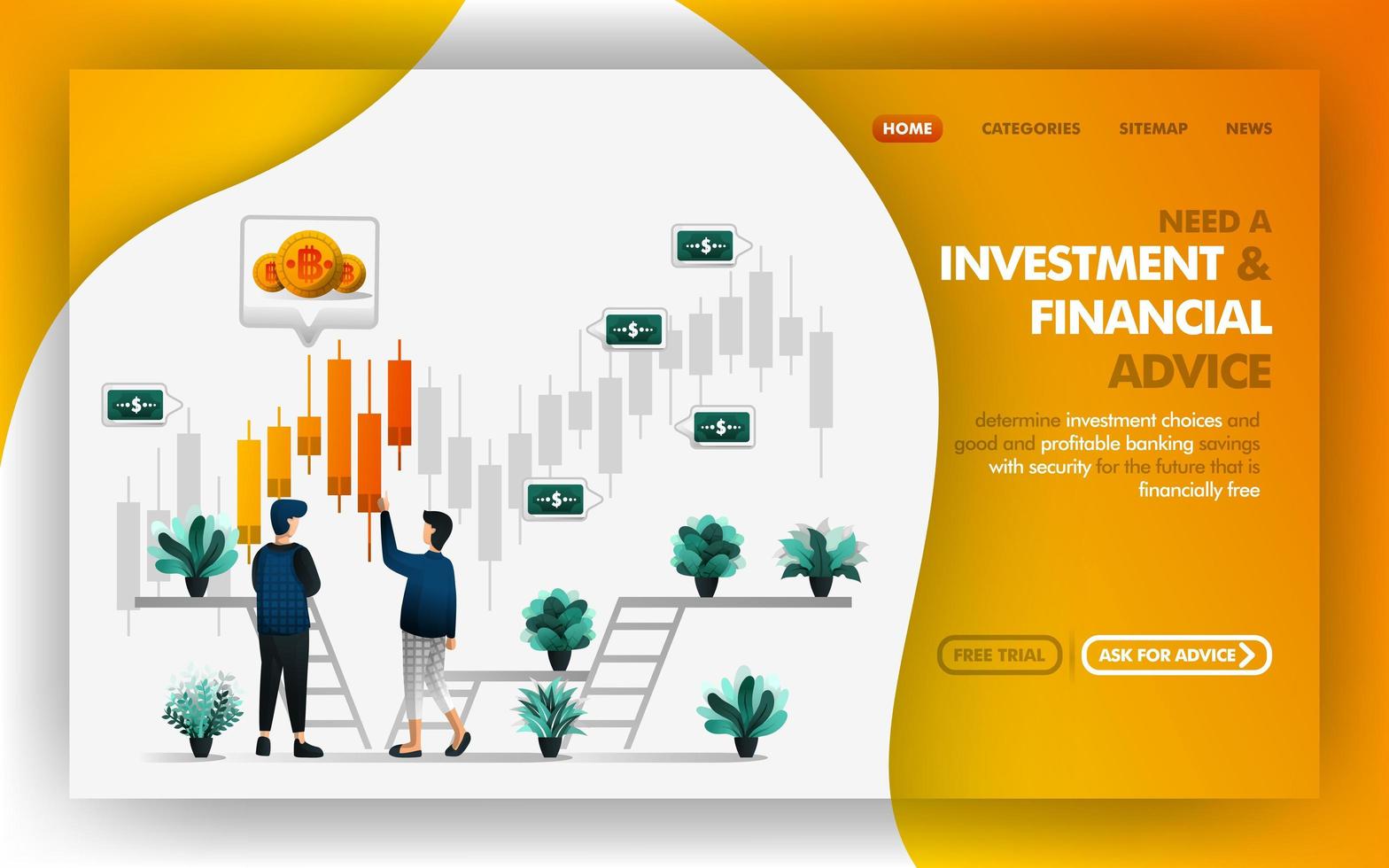 Ilustración web de vector de asesoramiento financiero y de inversión, el hombre se refiere y aconseja a su amigo sobre una buena opción de inversión. Se puede utilizar para sitios web, pancartas, folletos, volantes, impresión, móviles, carteles, ui