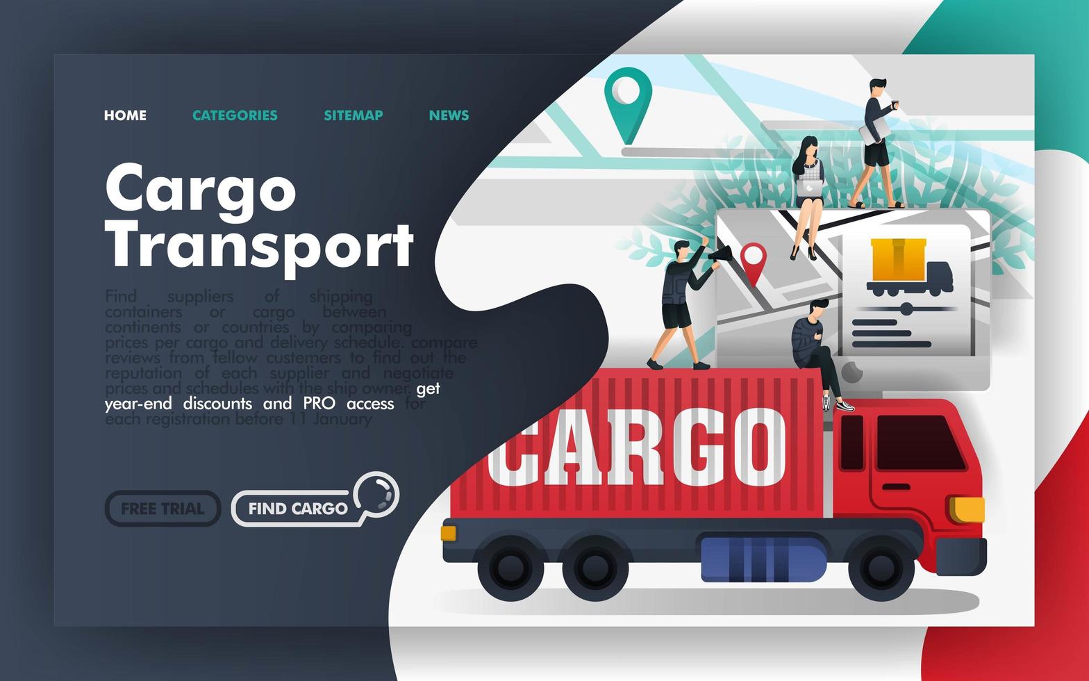 Cargo transport logistics Flat Vector Illustration Concept, freight transportation apps and map. Easy to use for website, banner, landing page, brochure, flyer, print, mobile app, poster, template, UI